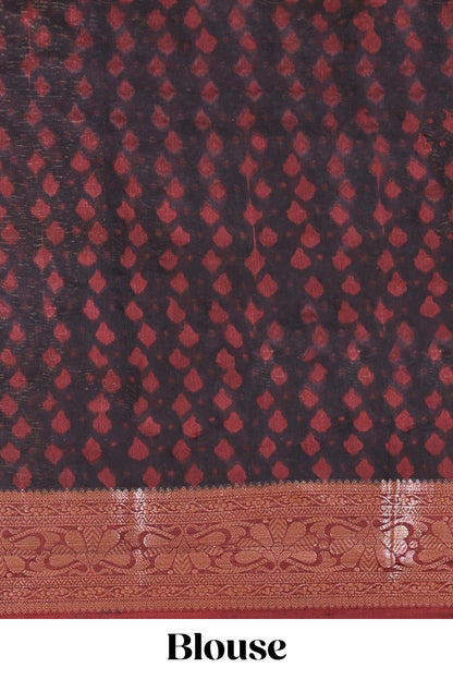 Cream chanderi cotton saree with floral vines, contrast zari border and striped pallu