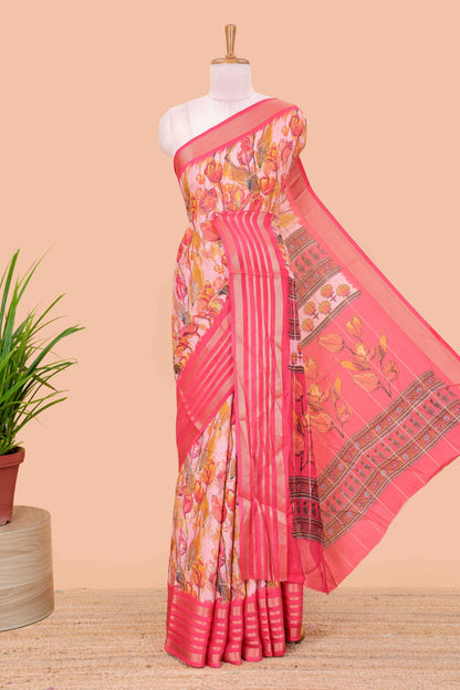 Pink moss chiffon saree with striped floral print, contrast zari border and pallu