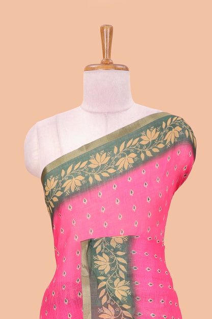 Pink linen saree with all-over butta print, contrast border, printed pallu, and contrast blouse