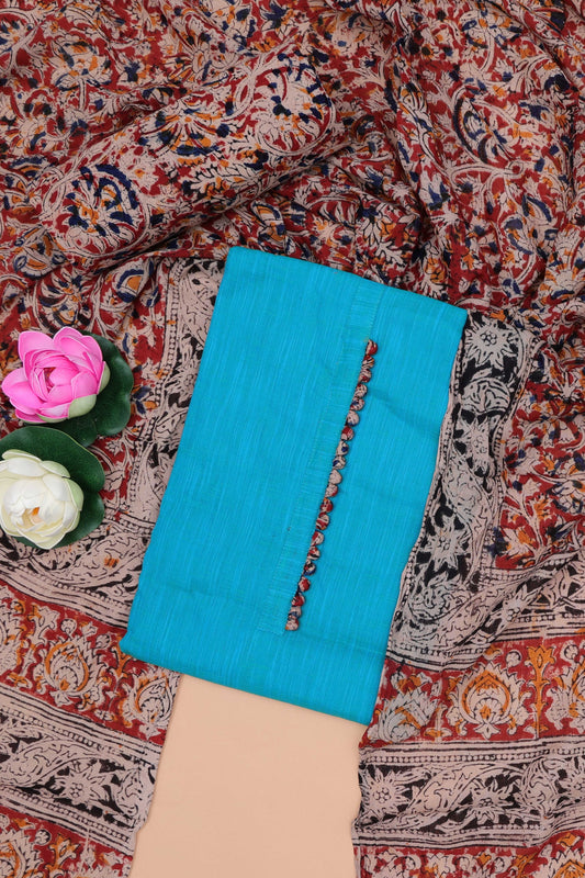 Blue plain cotton chudidhar material with kalamkari style bottom and dupatta