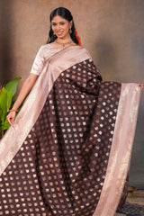 Dark brown zari butta design semi soft silk saree with contrast border and blouse