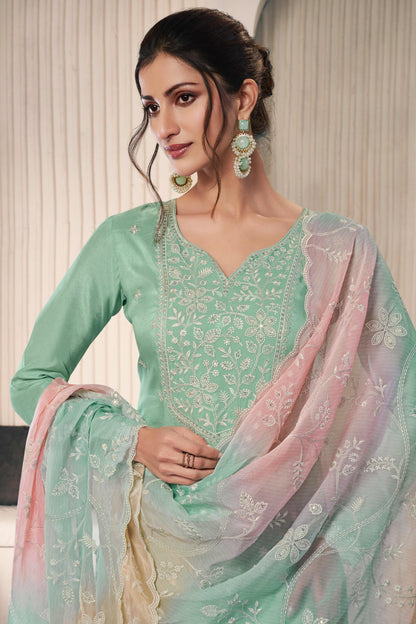 Green thread embroidered munga silk chudidhar material with printed chiffon dupatta