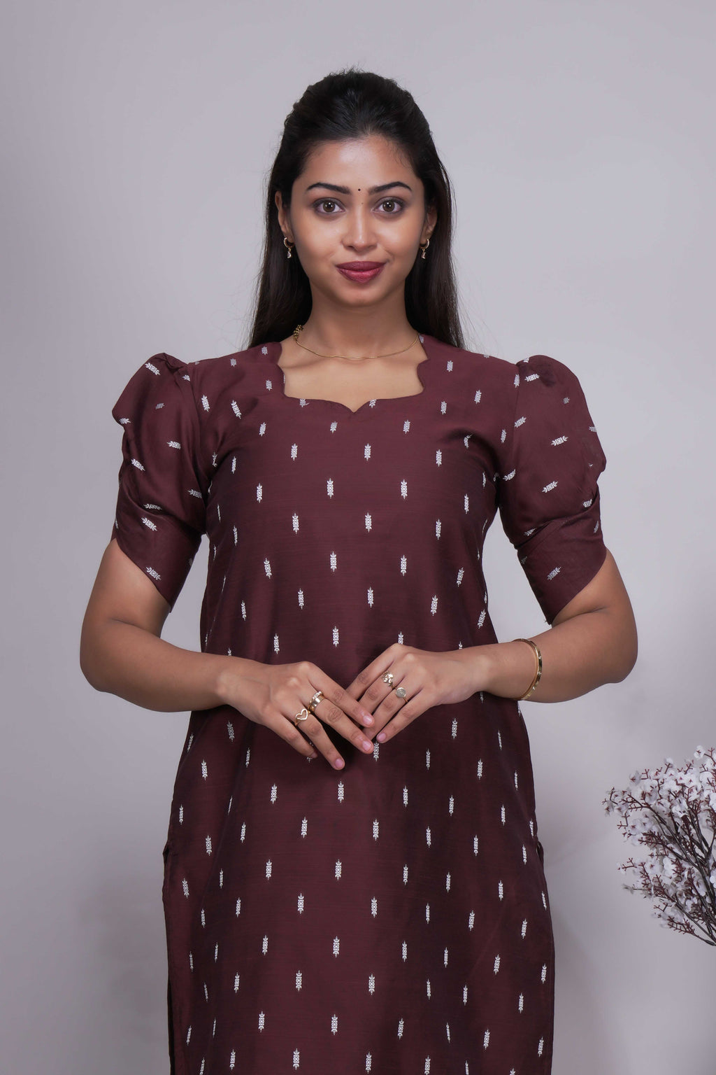 Chocolate Brown Butta Straight cut salwar suit with Off-White Pants & Woven Tassel Dupatta Set