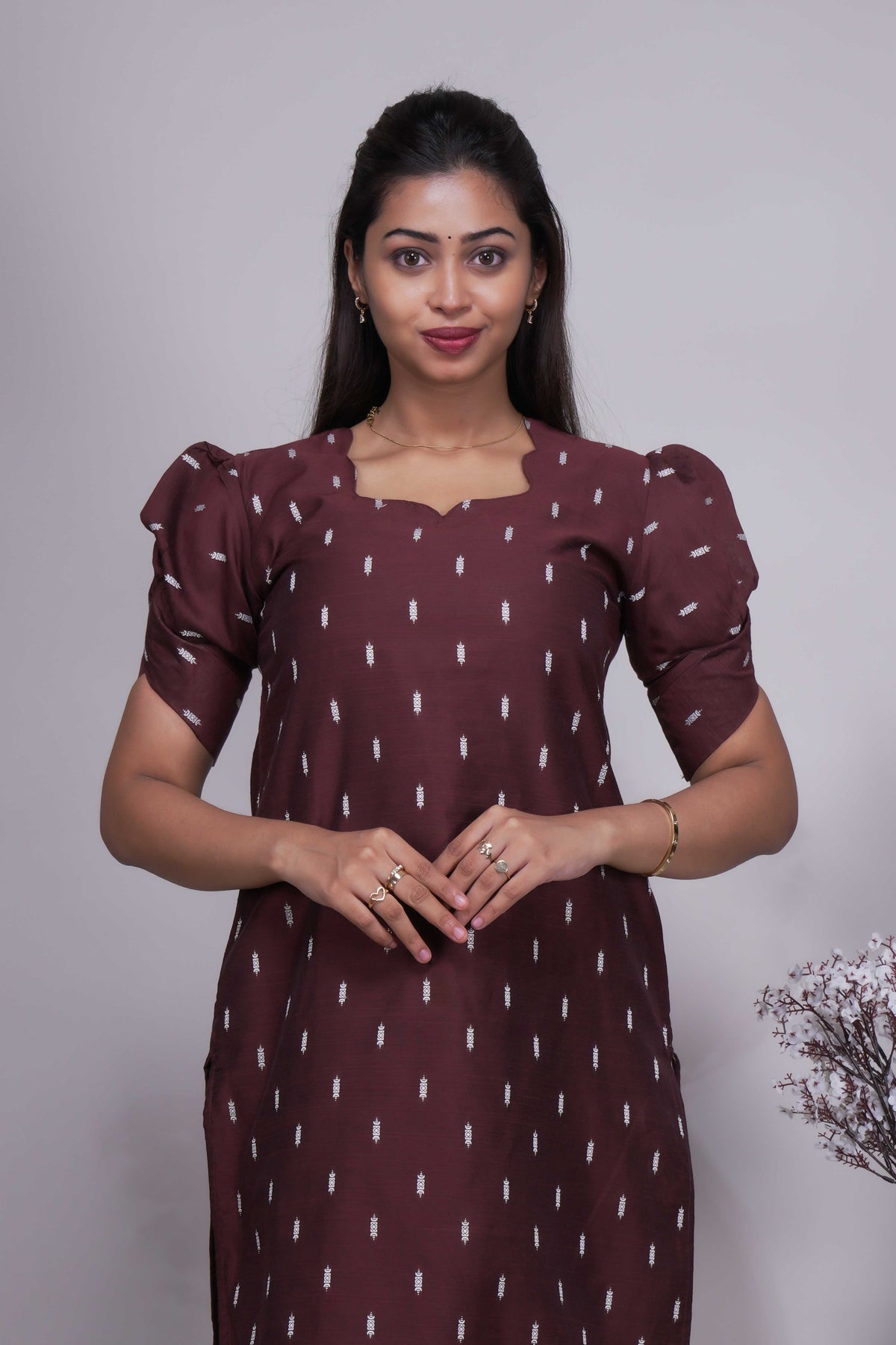 Chocolate Brown Butta Straight cut salwar suit with Off-White Pants & Woven Tassel Dupatta Set