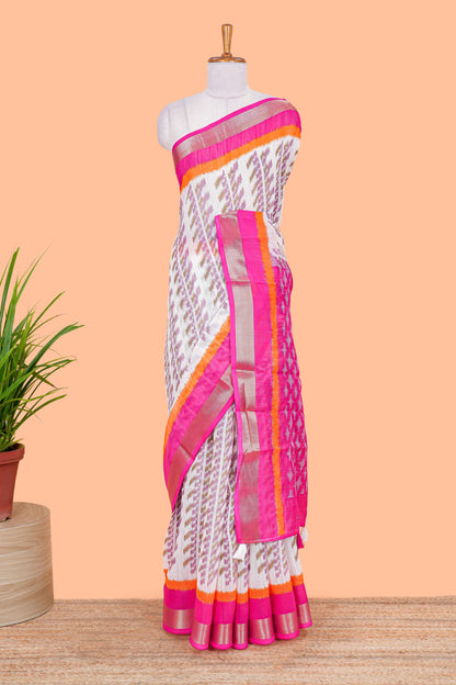White ikkat style linen cotton saree with contrast border  and pallu