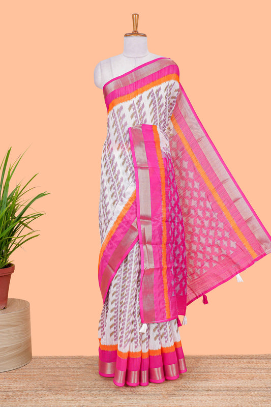 White ikkat style linen cotton saree with contrast border  and pallu