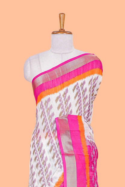 White ikkat style linen cotton saree with contrast border  and pallu