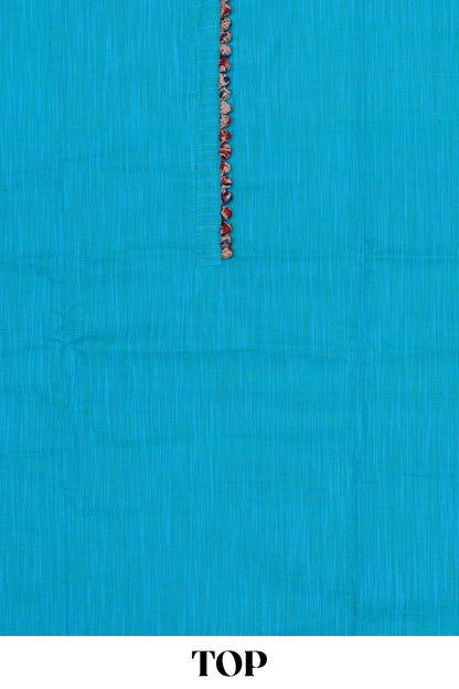 Blue plain cotton chudidhar material with kalamkari style bottom and dupatta