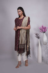 Chocolate Brown Butta Straight cut salwar suit with Off-White Pants & Woven Tassel Dupatta Set
