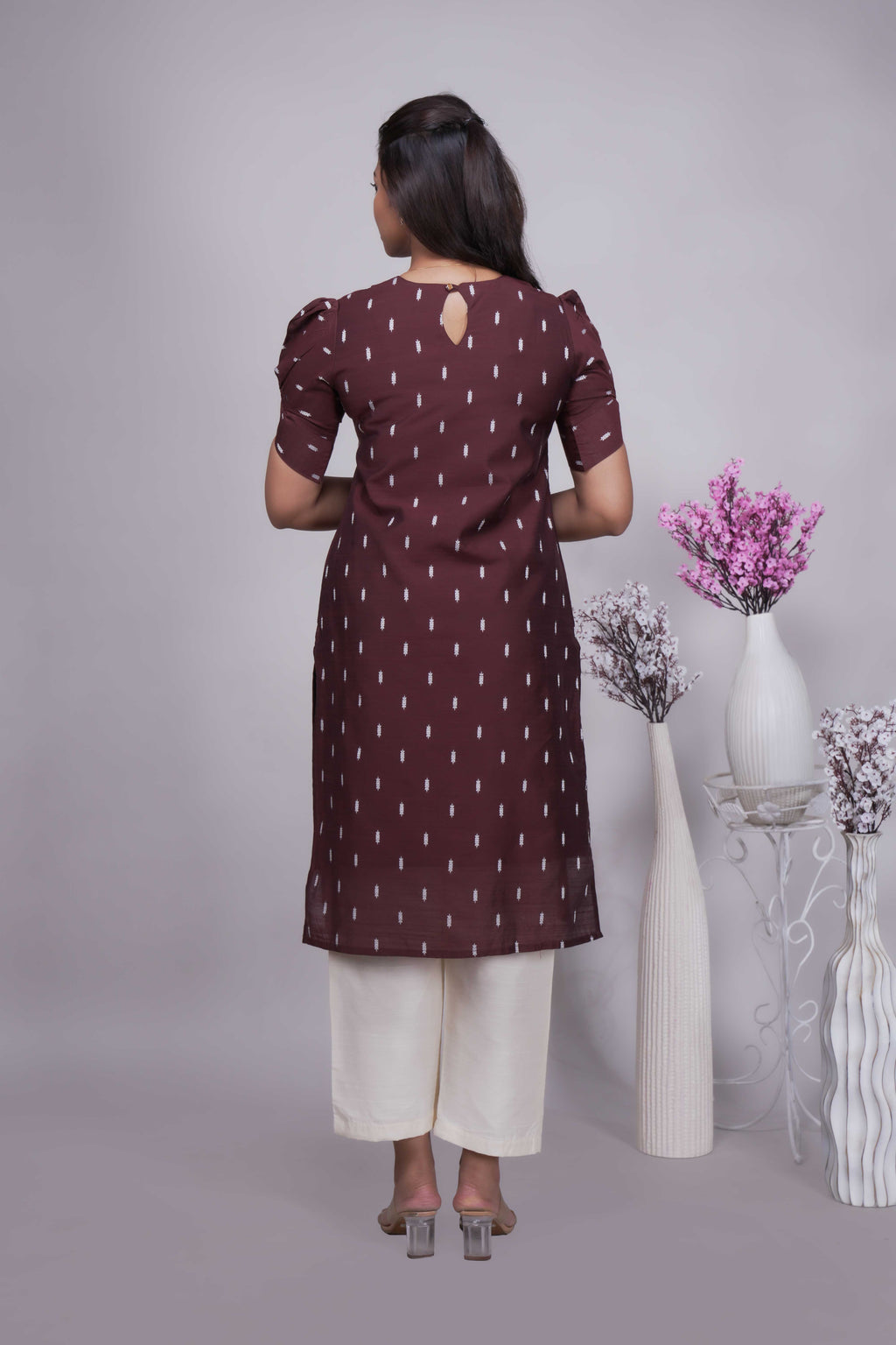 Chocolate Brown Butta Straight cut salwar suit with Off-White Pants & Woven Tassel Dupatta Set