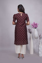 Chocolate Brown Butta Straight cut salwar suit with Off-White Pants & Woven Tassel Dupatta Set