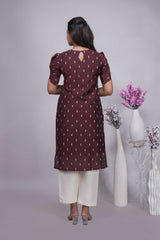 Chocolate Brown Butta Straight cut salwar suit with Off-White Pants & Woven Tassel Dupatta Set