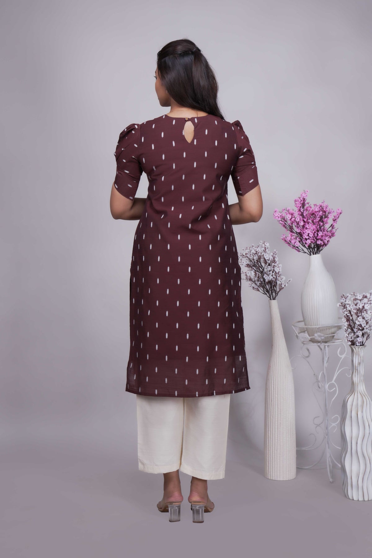 Chocolate Brown Butta Straight cut salwar suit with Off-White Pants & Woven Tassel Dupatta Set