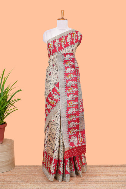 Cream khadi cotton saree with warli design print on body and pallu