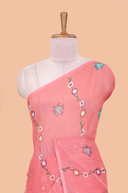 Borderless pink linen saree with floral design, printed pallu and blouse