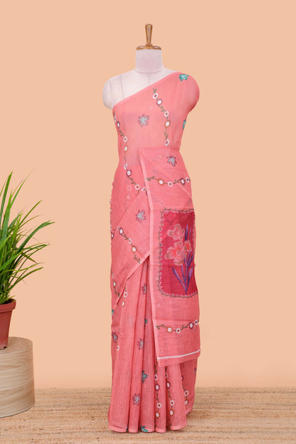 Borderless pink linen saree with floral design, printed pallu and blouse