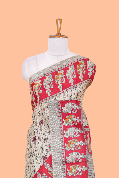 Cream khadi cotton saree with warli design print on body and pallu