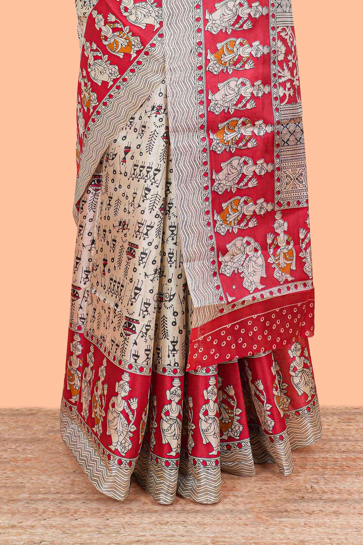 Cream khadi cotton saree with warli design print on body and pallu