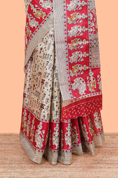 Cream khadi cotton saree with warli design print on body and pallu