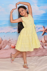 Lemon Yellow Sleeveless Cotton Frock for Girls with Schiffli Embroidery