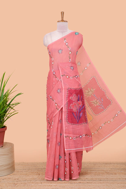 Borderless pink linen saree with floral design, printed pallu and blouse