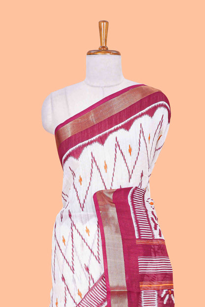 White geomentric ikkat style linen cotton saree with contrast border and pallu