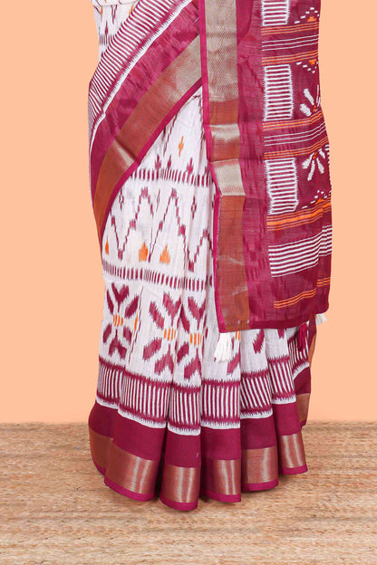 White geomentric ikkat style linen cotton saree with contrast border and pallu