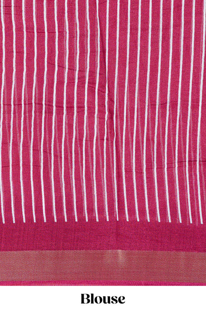 White geomentric ikkat style linen cotton saree with contrast border and pallu