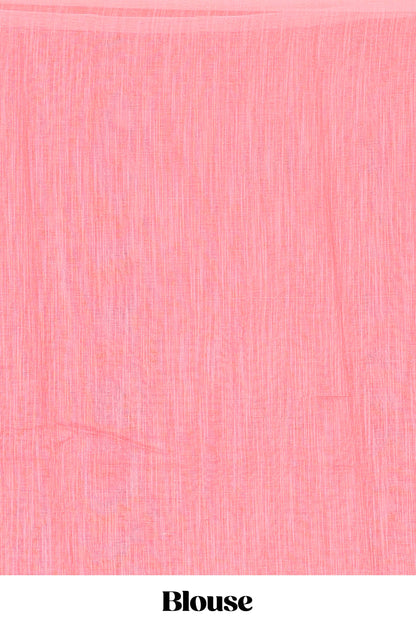 Borderless pink linen saree with floral design, printed pallu and blouse