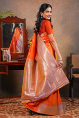 Orange colour Semi soft Silk Saree Gold Zari Lines and vaira oosi design with Contrast Zari Border and Contrast Blouse