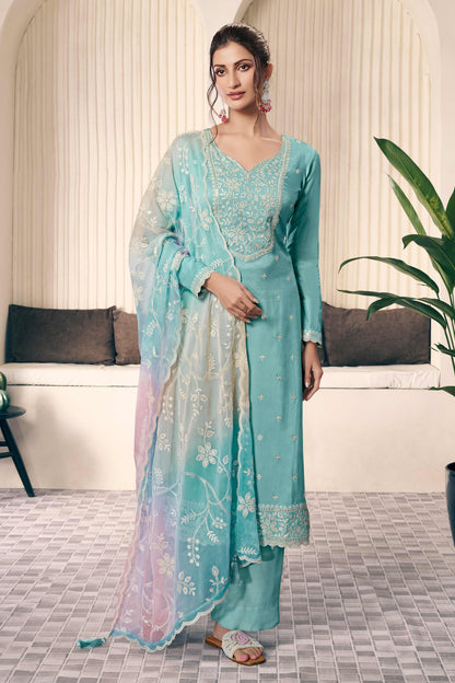 Blue thread embroidered munga silk chudidhar material with printed chiffon dupatta