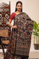 Black floral design tussar saree with self zari border and matching blouse