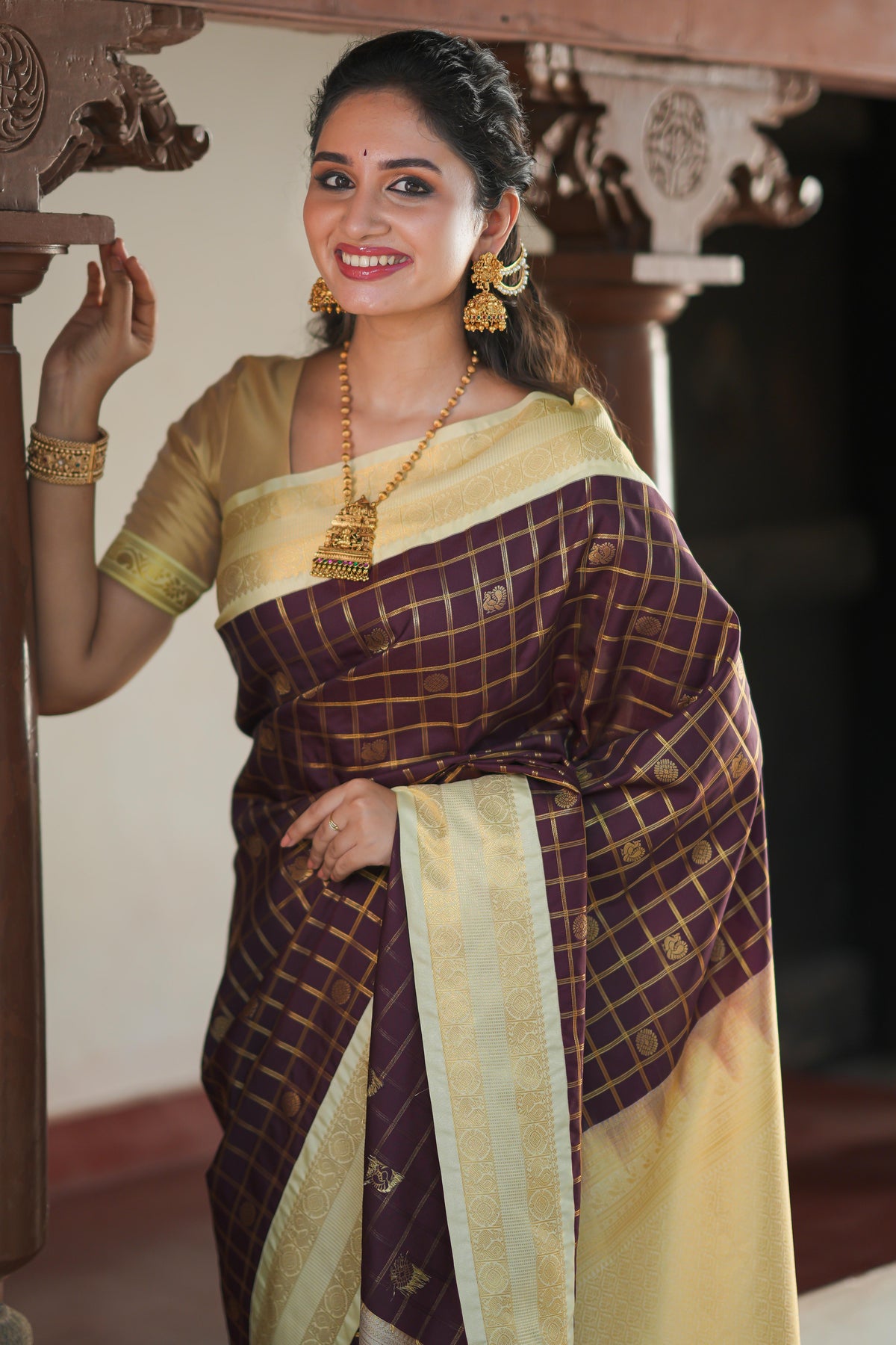 Brown checked art silk saree with contrast zari border and blouse
