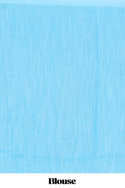 Borderless blue linen saree with floral design, printed pallu and blouse