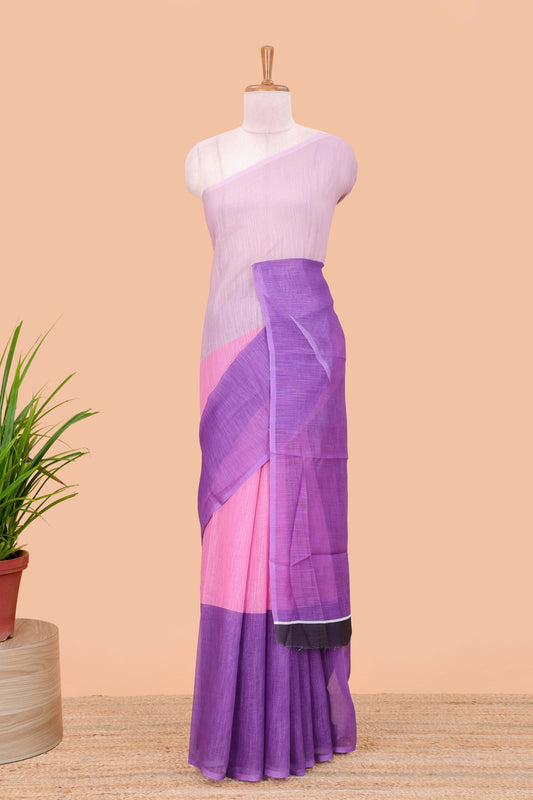 Borderless multi color linen plain saree with contrast blouse