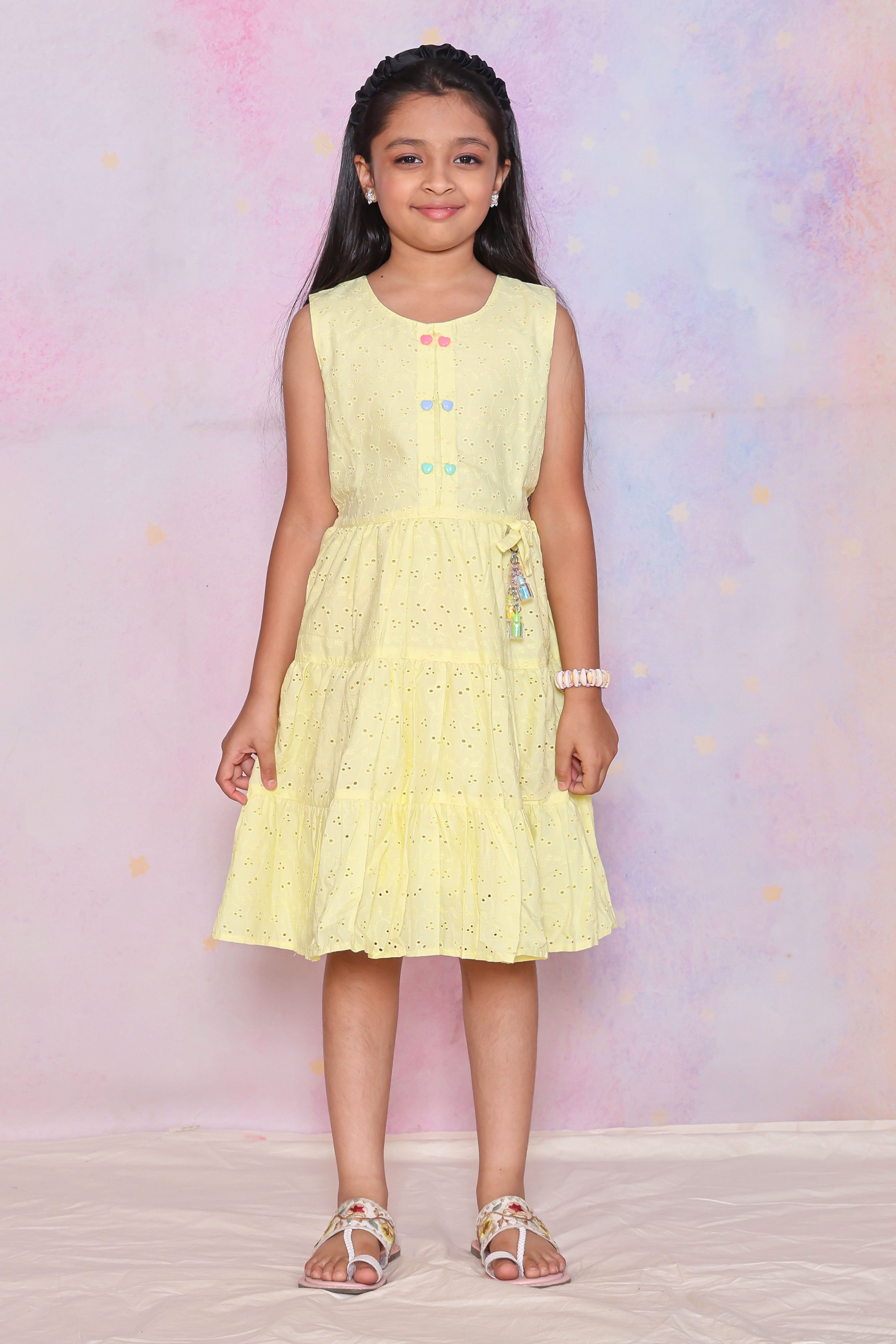 Lemon Yellow Sleeveless Cotton Frock for Girls with Schiffli Embroidery
