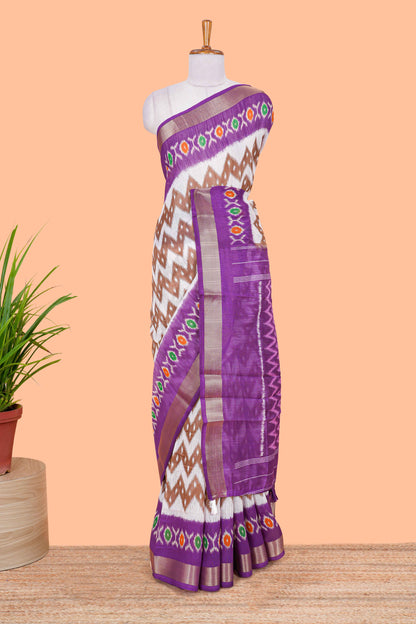 White geomentric ikkat style linen cotton saree with contrast purple border and pallu