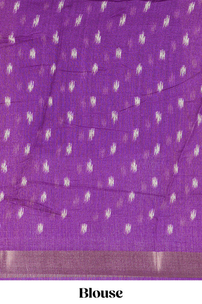 White geomentric ikkat style linen cotton saree with contrast purple border and pallu