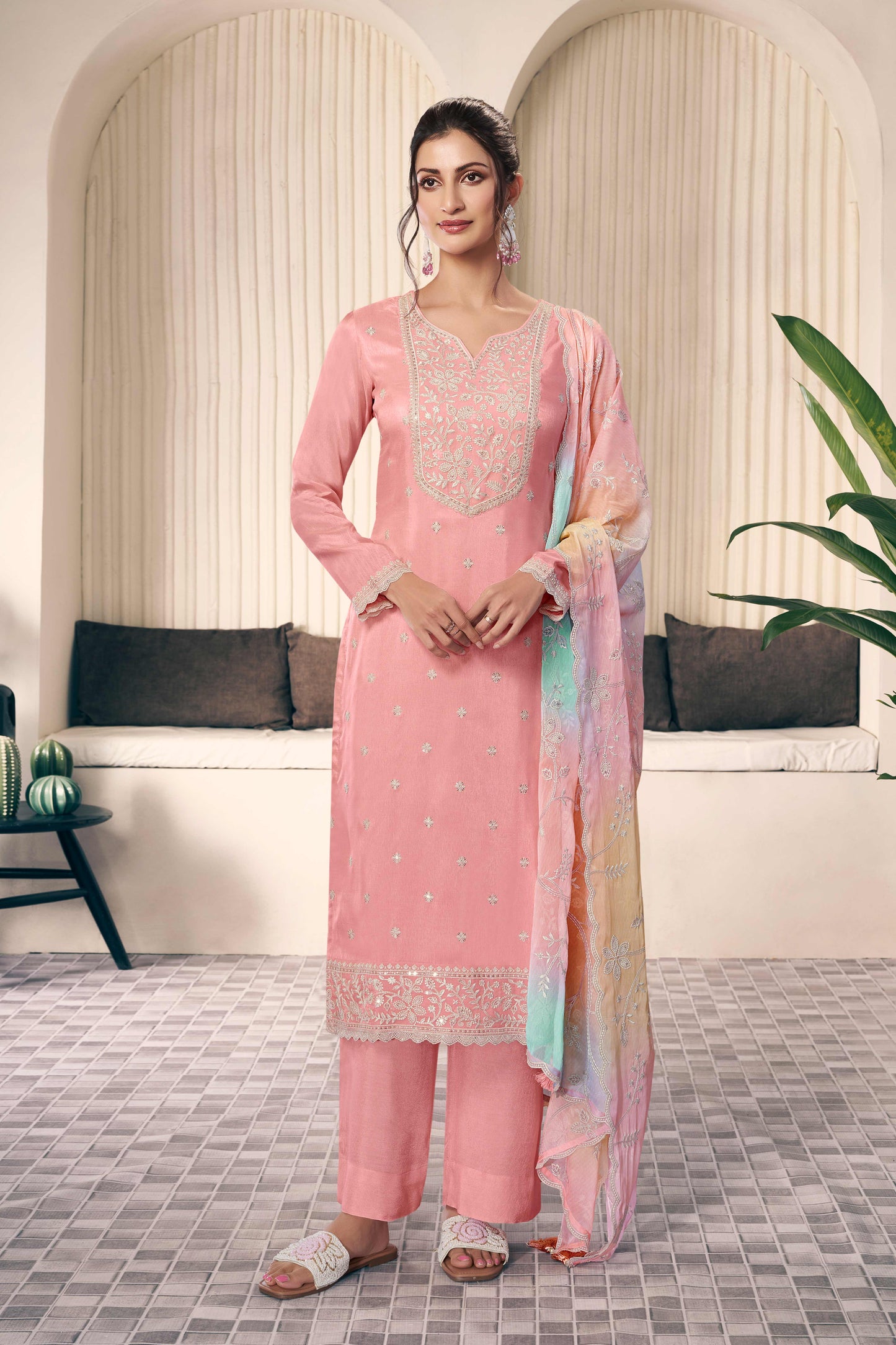 Pink thread embroidered munga silk chudidhar material with printed chiffon dupatta
