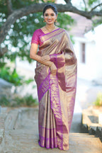 Peach geometric checked  floral motifs design with contrast palak zari design border and blouse