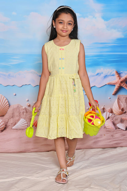 Lemon Yellow Sleeveless Cotton Frock for Girls with Schiffli Embroidery
