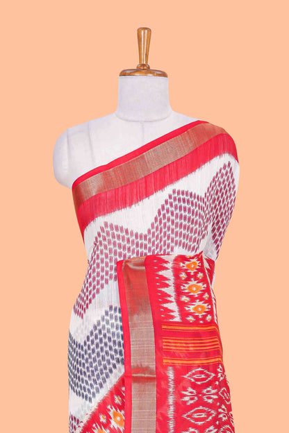 White geomentric ikkat style linen cotton saree with contrast orange border and pallu