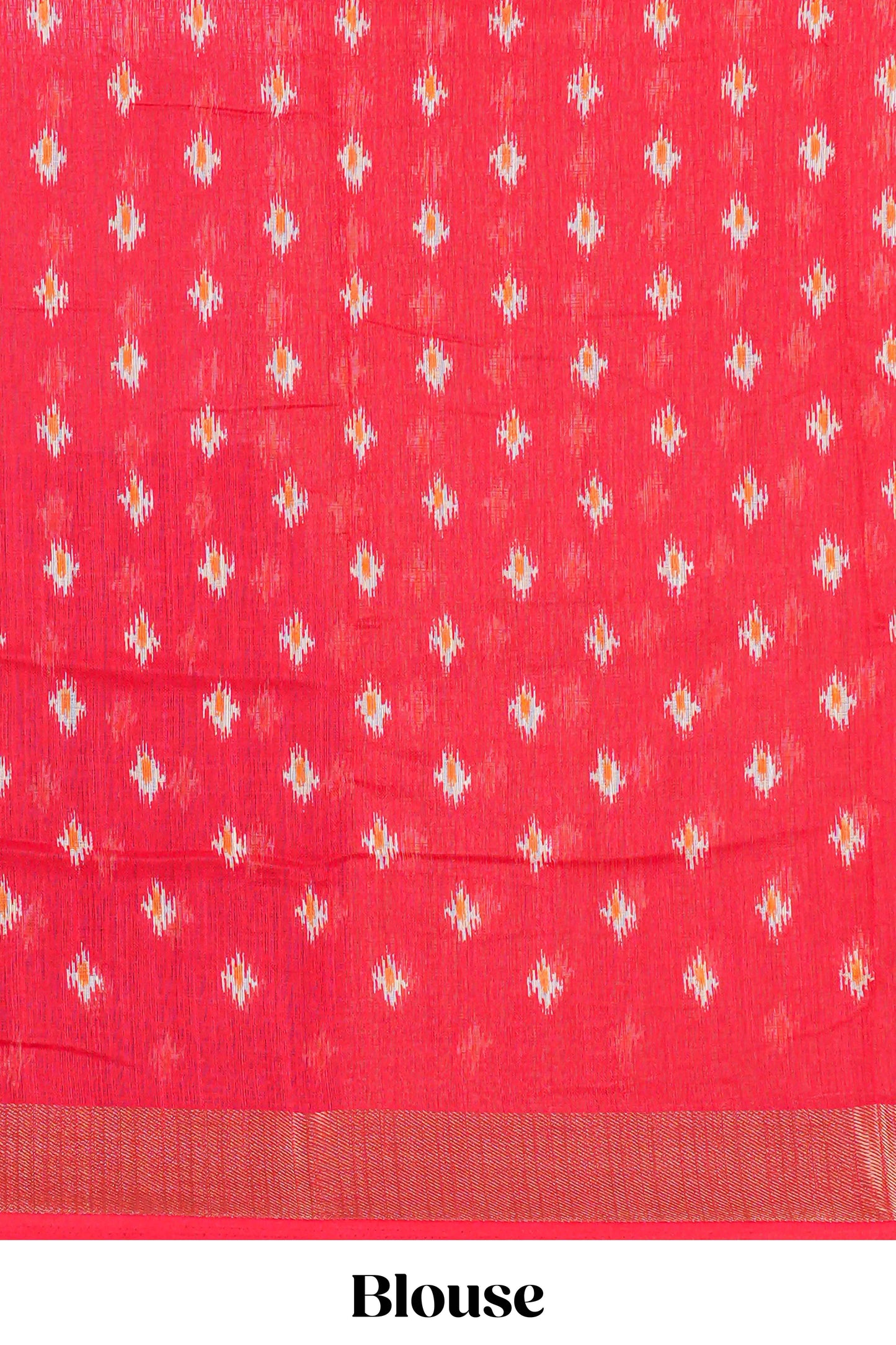 White geomentric ikkat style linen cotton saree with contrast orange border and pallu