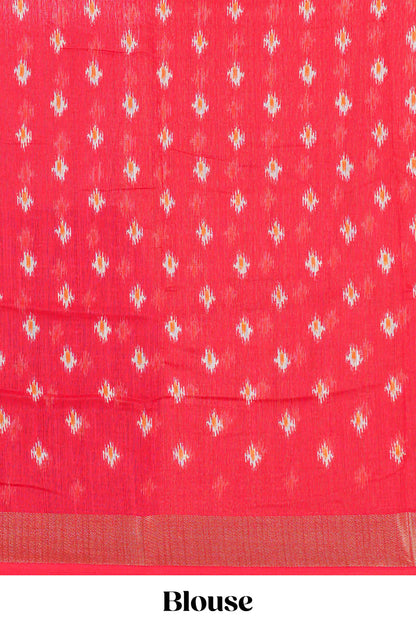 White geomentric ikkat style linen cotton saree with contrast orange border and pallu