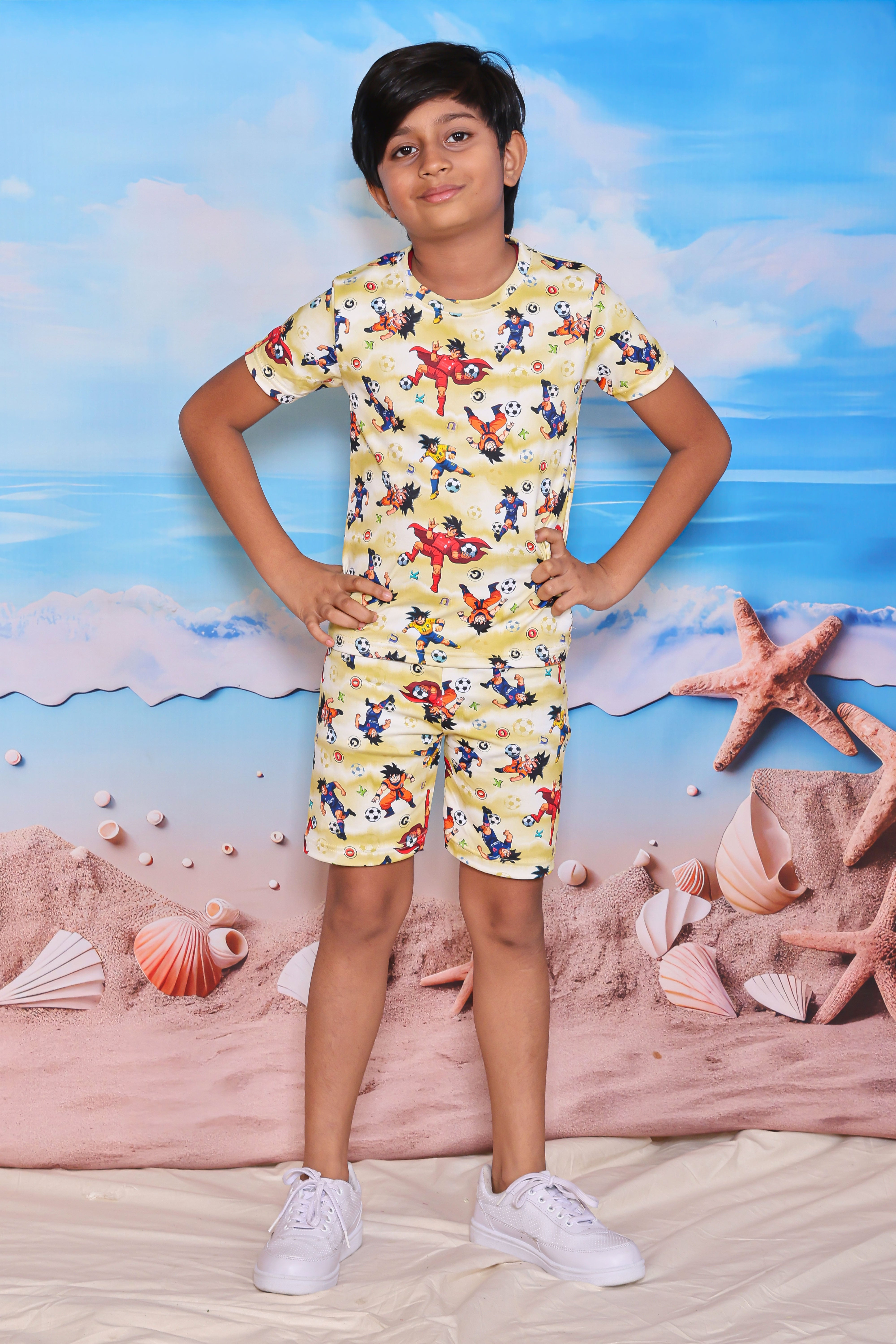 Boys Yellow Anime Print T-Shirt and Shorts 2-Piece Nightwear Set