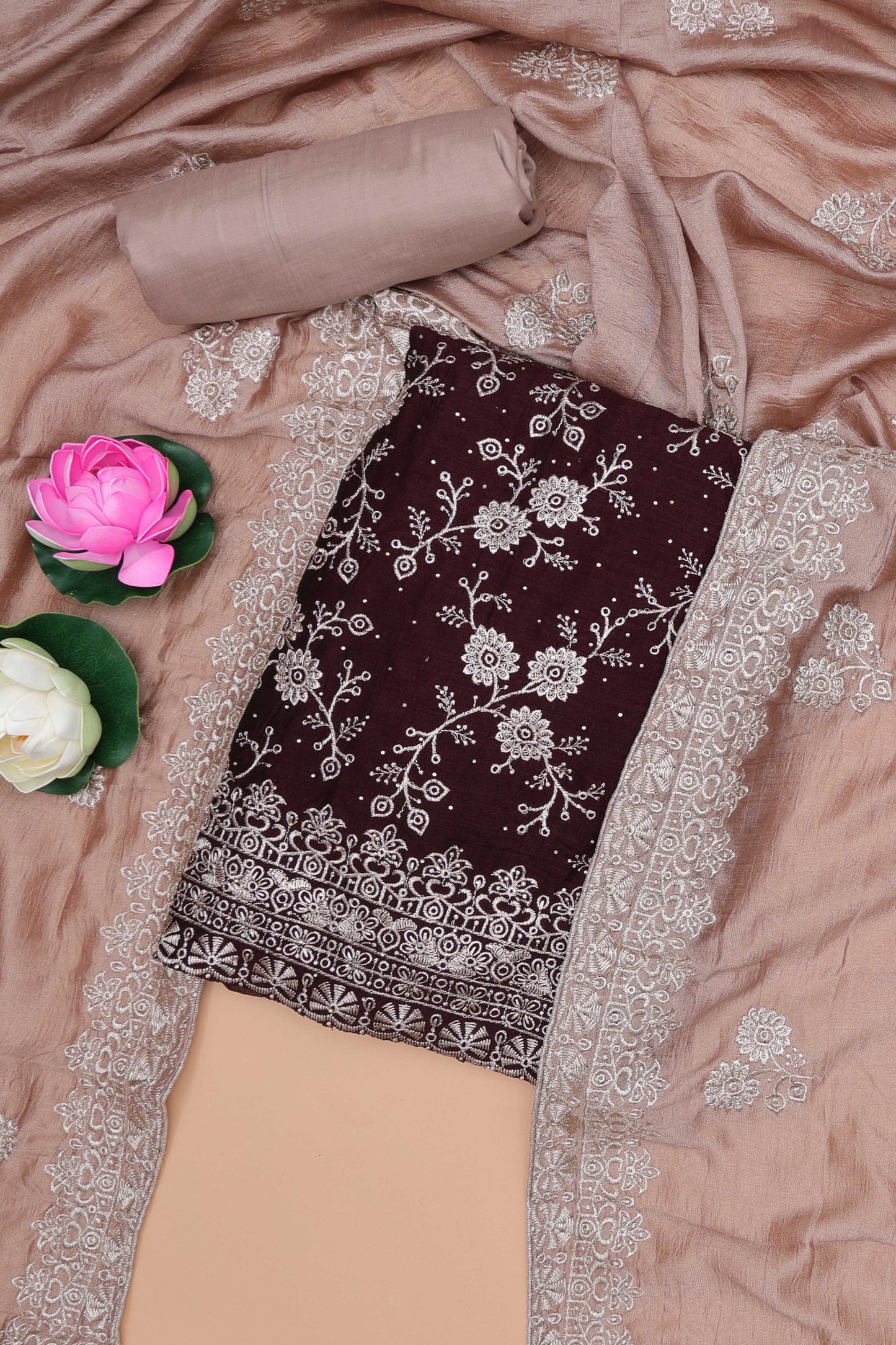 Brown georgette embroidered chudidhar material with contrast dupatta