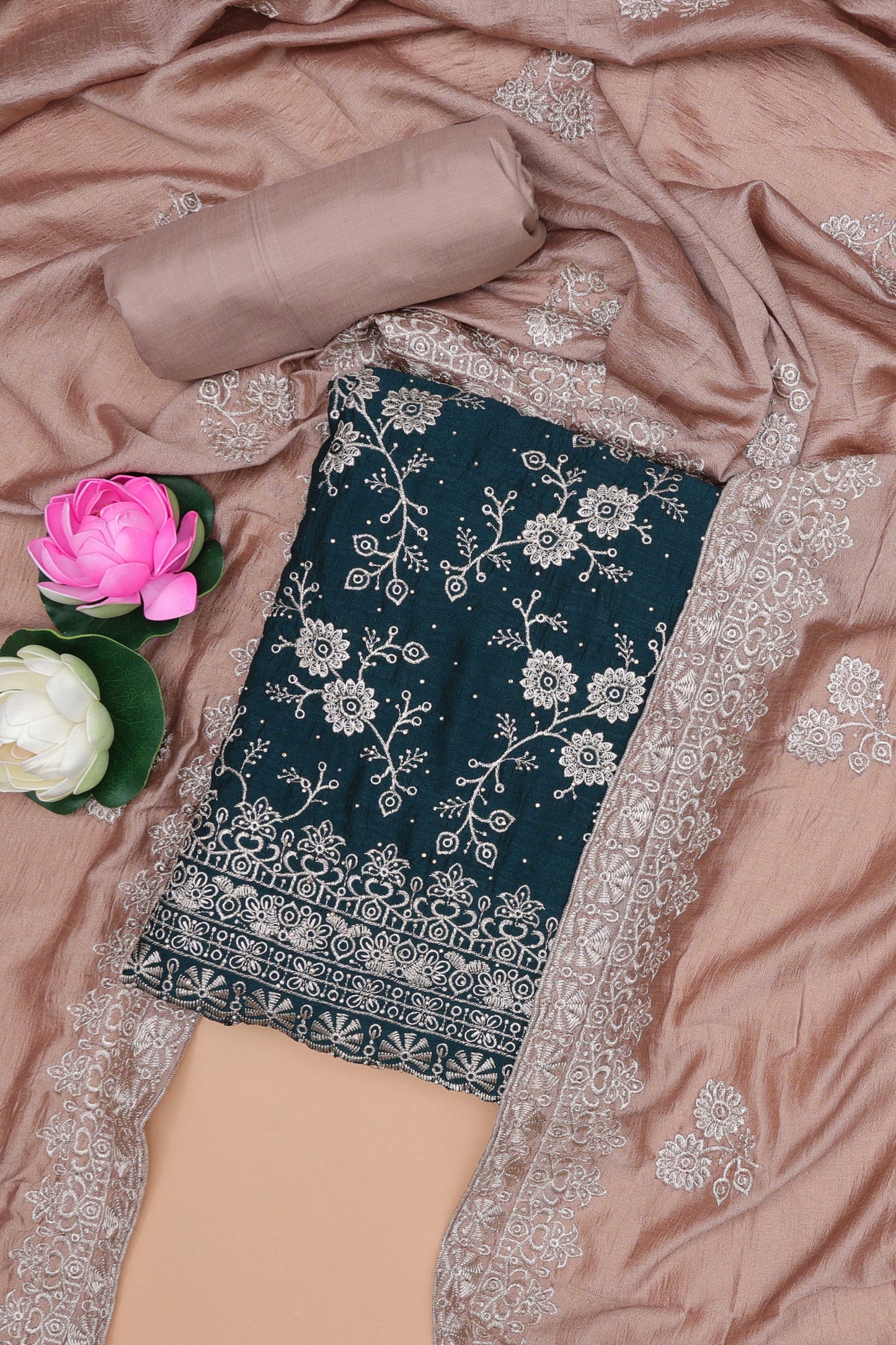 Green georgette embroidered chudidhar material with contrast dupatta