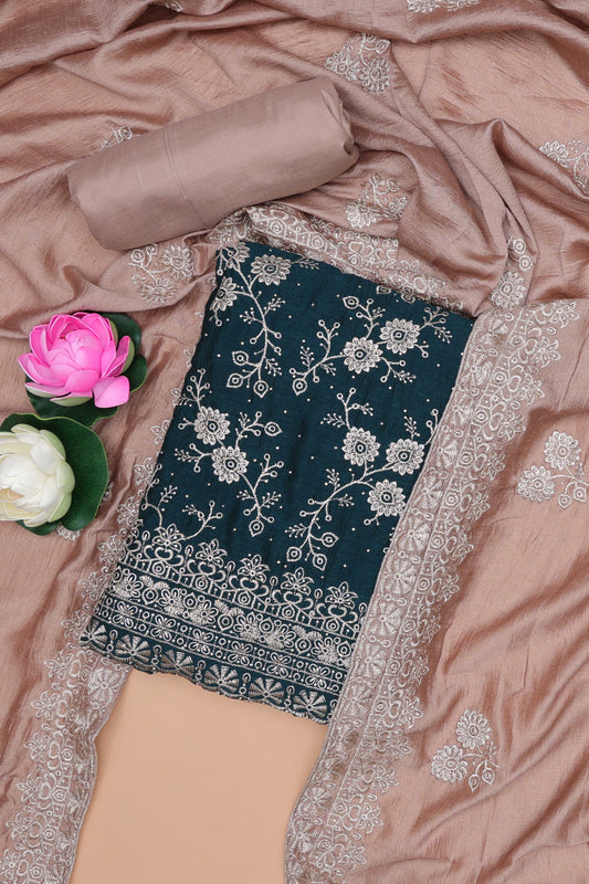 Green georgette embroidered chudidhar material with contrast dupatta