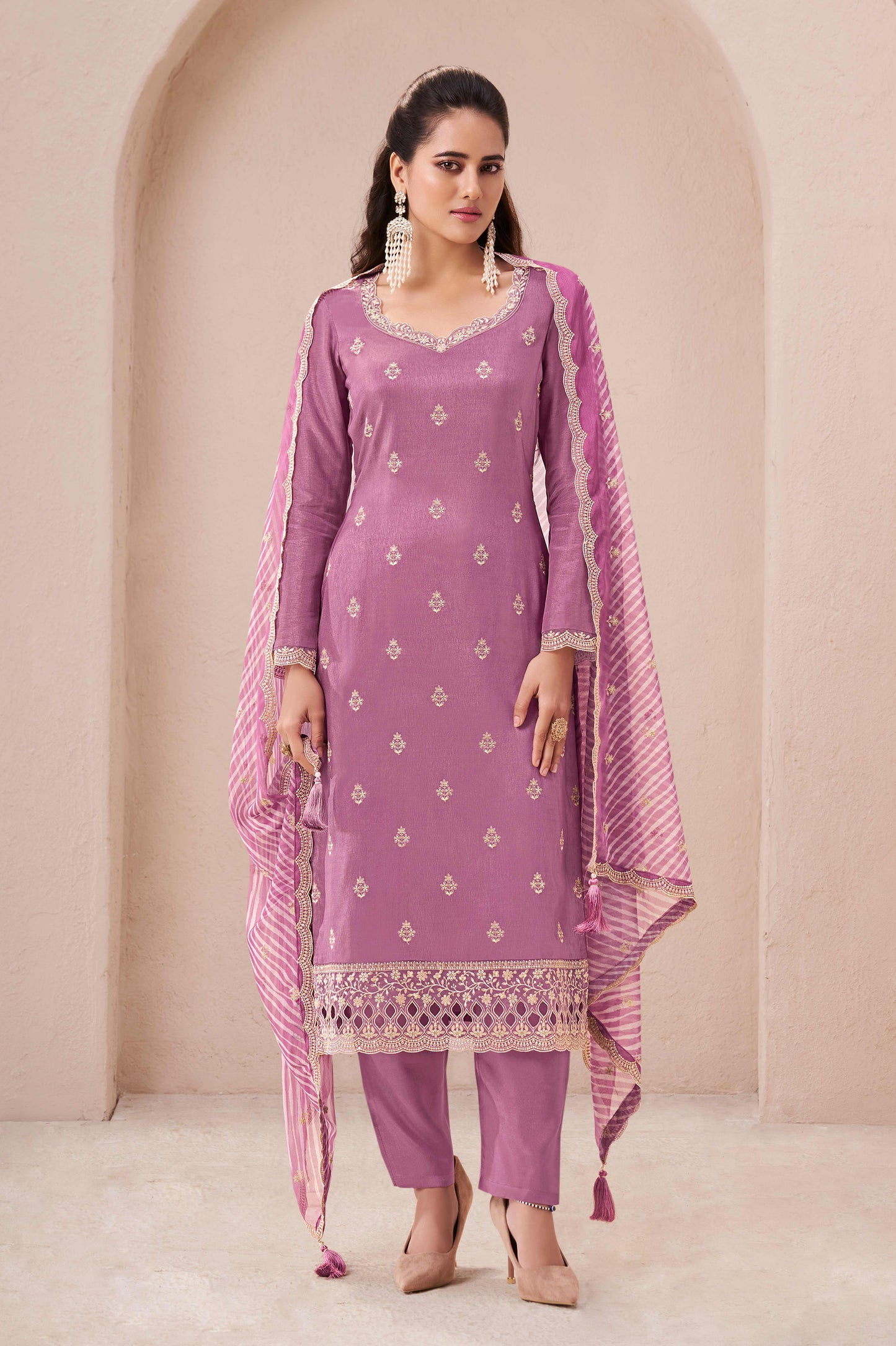 Purple heart munga silk embroidered chudidhar material with printed dupatta