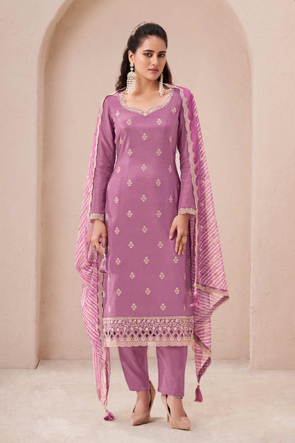 Purple heart munga silk embroidered chudidhar material with printed dupatta